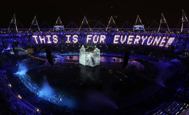 Tim Berners-Lee at the London 2012 Olympics with the words "This is for everyone."