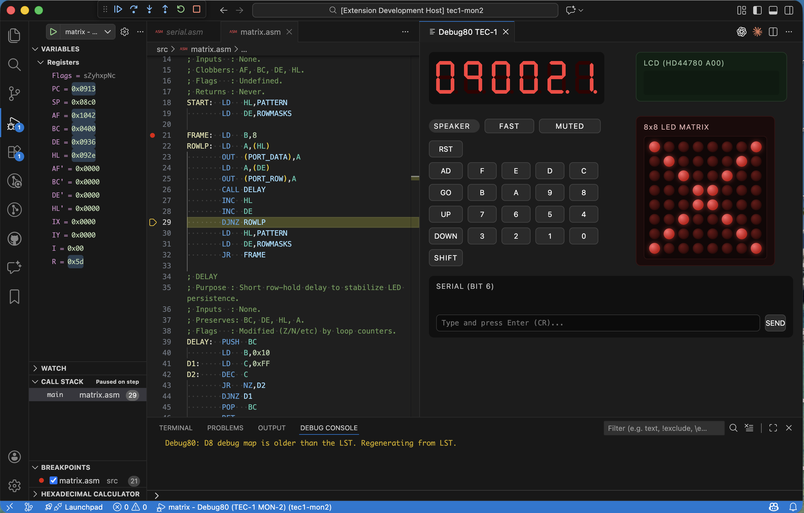 Debug80 TEC-1 interface, January 23, 2026
