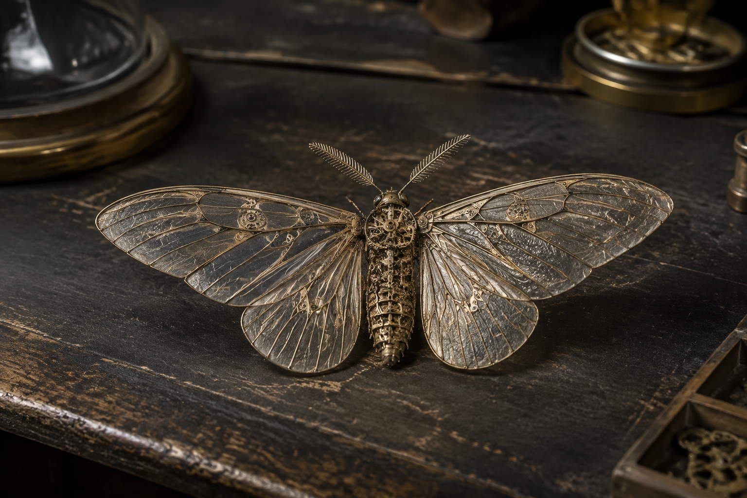 An imaginary clockwork moth with transparent, metal-ribbed wings and tiny watch mechanisms in its body, resting on a worn wooden workbench.