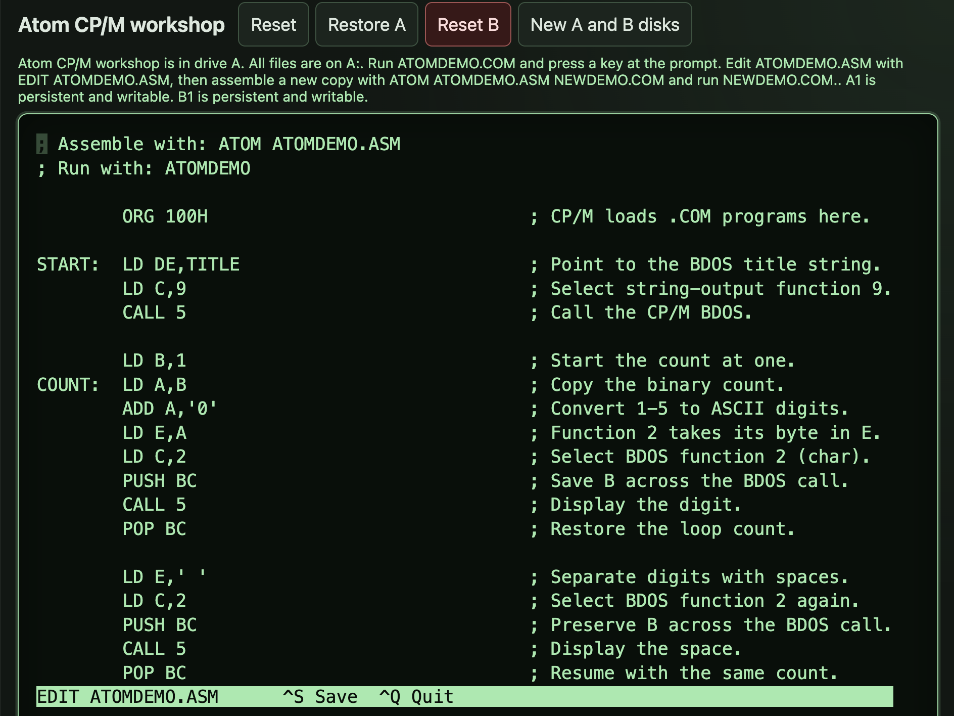 The commented ATOMDEMO.ASM source open in the Edit text editor in Triptych's CP/M machine, with Save and Quit keyboard shortcuts at the bottom.